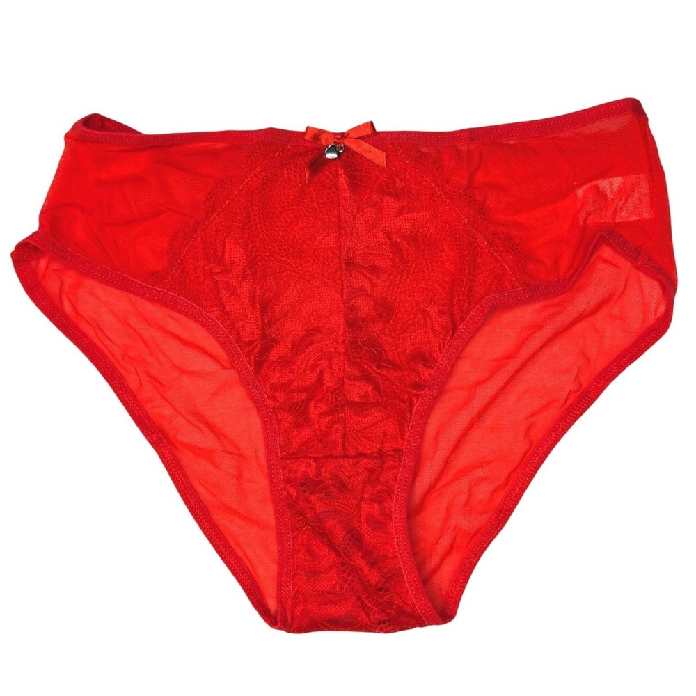 NEW Unworn Knotty Red Bright‎ High Cut Briefs Lacey Panties Underwear